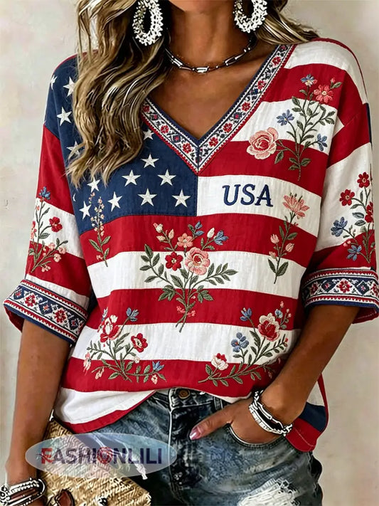 Women’s America Floral Print Casual T-shirt - As picture / S
