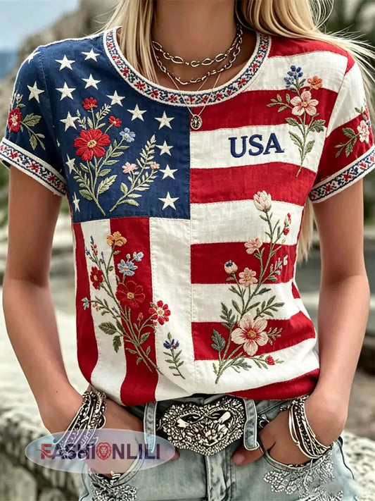 Women’s America Floral Print Casual T-Shirt - As picture / S