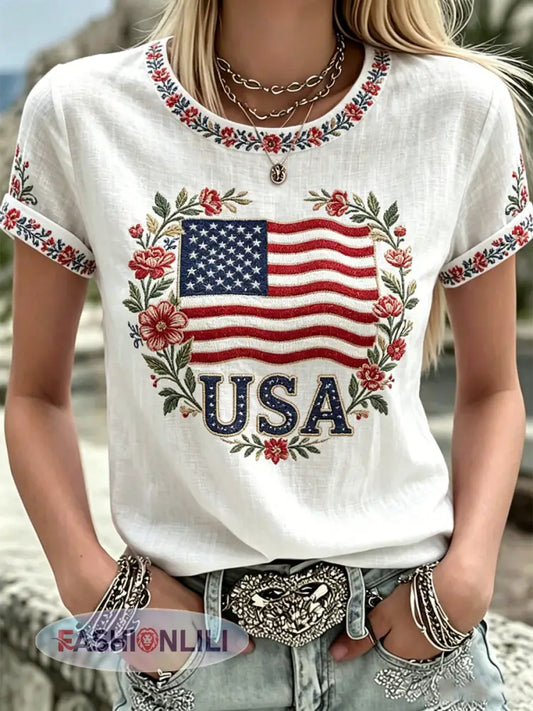 Women’s America Floral Print Casual T-Shirt - As picture / S