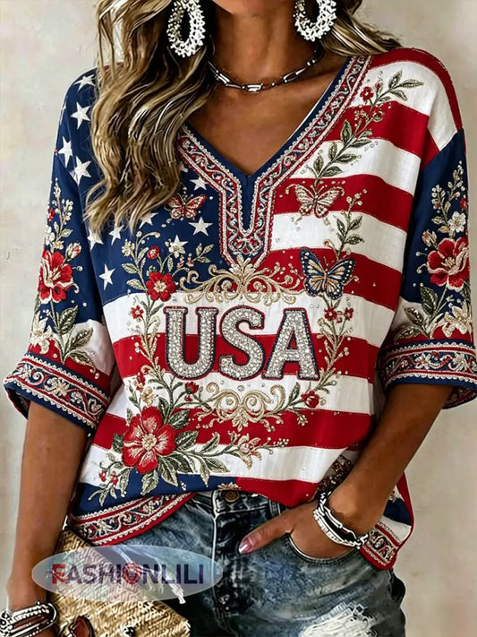 Women’s America Floral Print Casual T-shirt - As picture / S