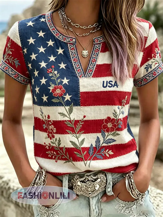 Women’s America Floral Print V-Neck Casual T-Shirt - As picture / S