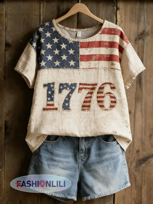 Women’s America linen Printed Casual T-Shirt - As picture / S