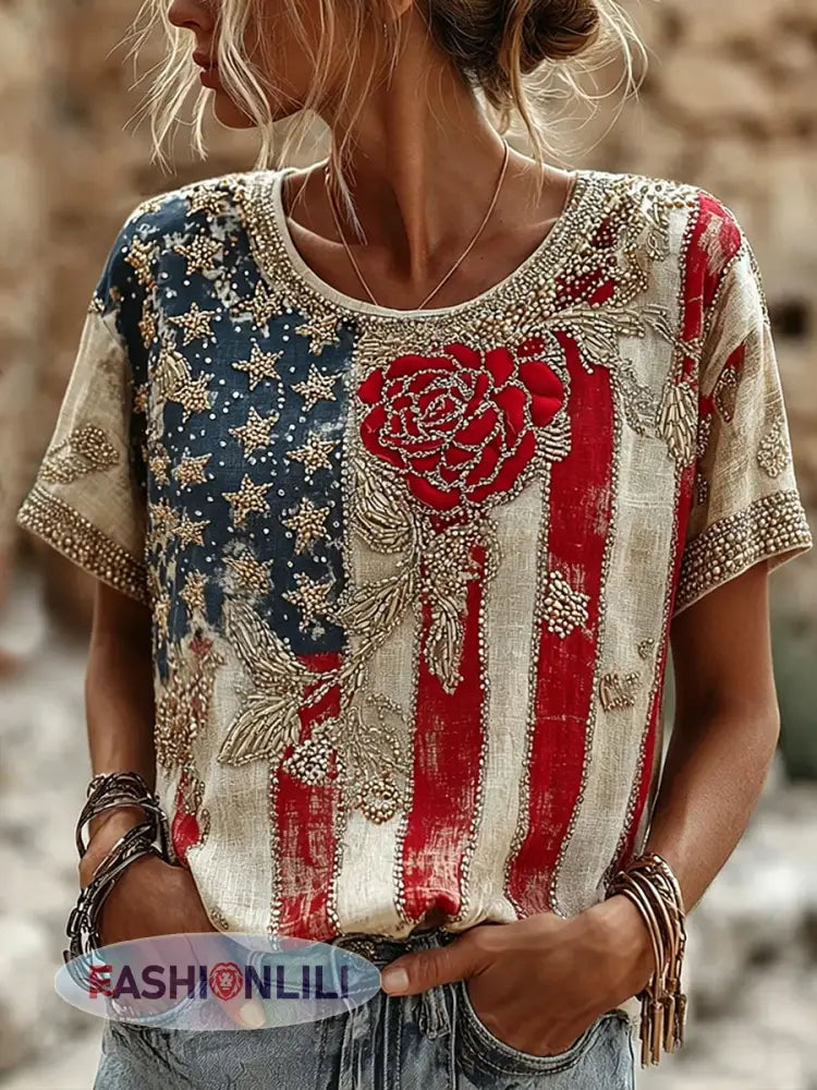 Women’s American Flag Floral Casual T-Shirt - As picture / S