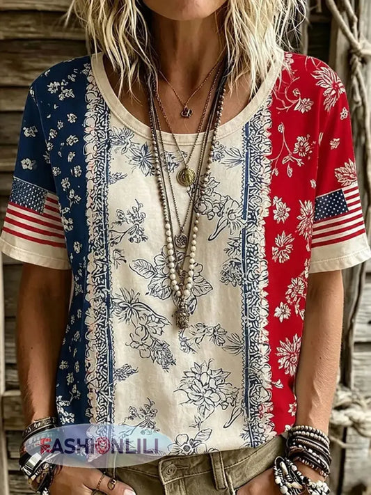 Women’s American Flag Floral Print Casual T-Shirt - As picture / S