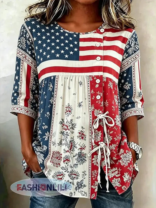 Women’s American flag flowersCotton-Linen Button-Front Top with Ties - As picture / S