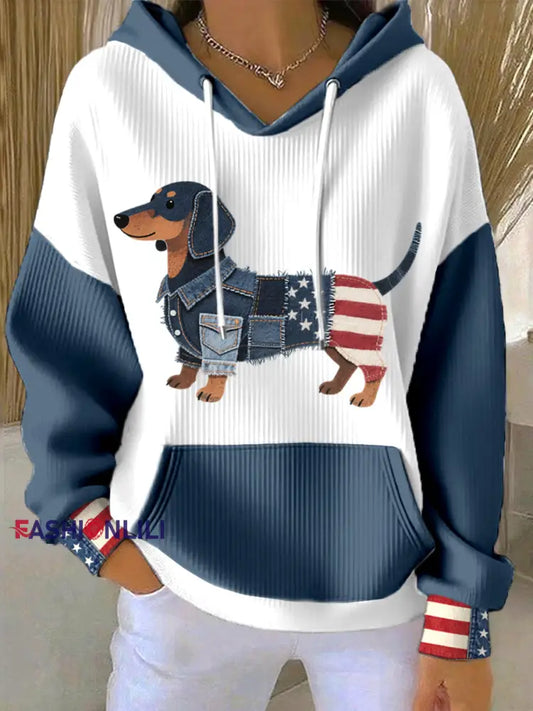 Women’s American Flag Inspired Dachshund Denim Patchwork Pattern Hoodie As picture / S