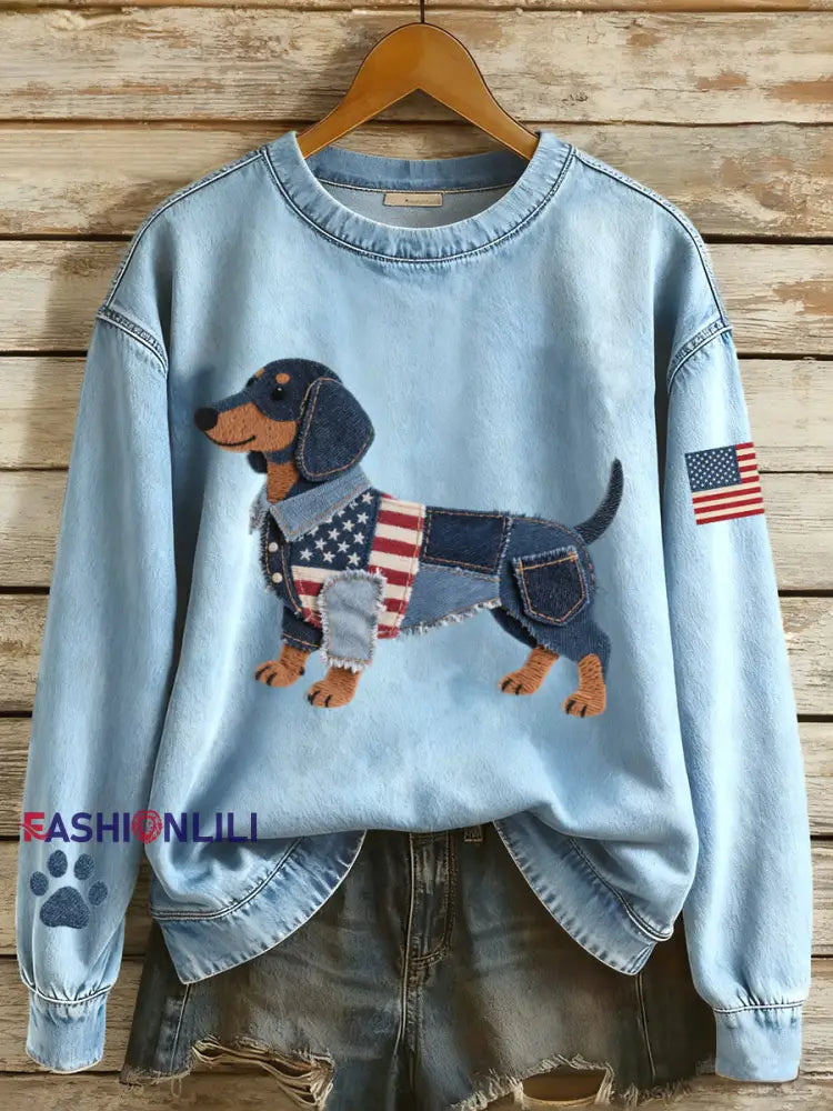 Women’s American Flag Inspired Dachshund Dog Denim Patchwork Pattern Sweatshirt Blue / S