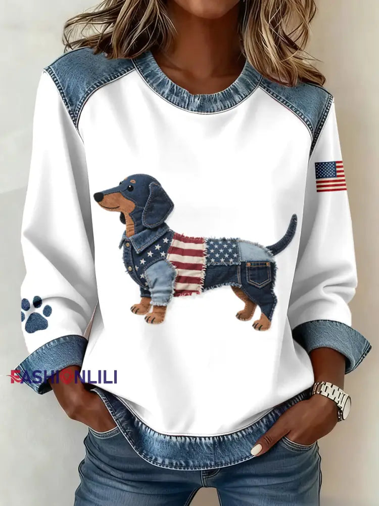 Women’s American Flag Inspired Dachshund Dog Pattern Denim Patchwork Sweatshirt As picture / S