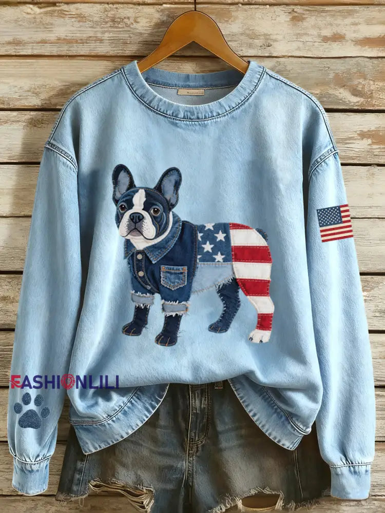 Women’s American Flag Inspired French Bulldog Denim Patchwork Pattern Sweatshirt Blue / S