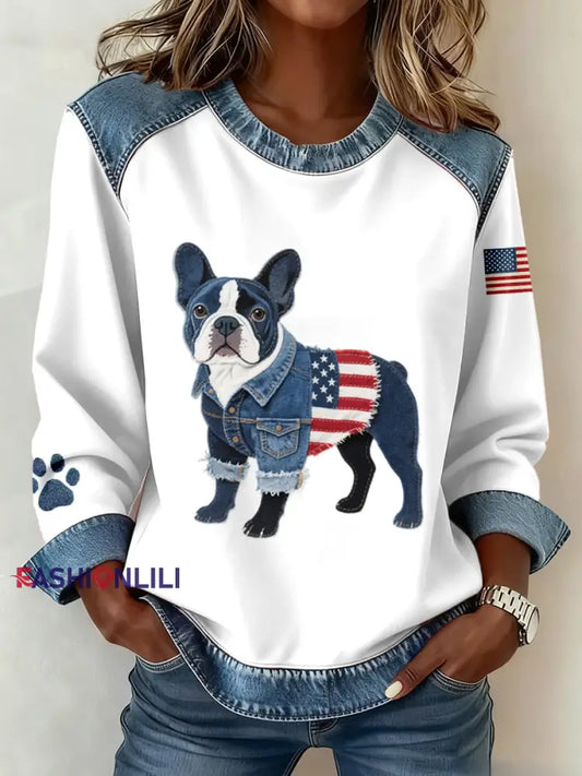 Women’s American Flag Inspired French Bulldog Pattern Denim Patchwork Sweatshirt As picture / S