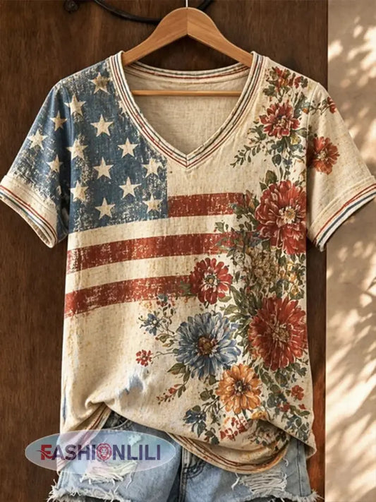 Women’s American Flowers Short-sleeved T-shirt - As picture / S