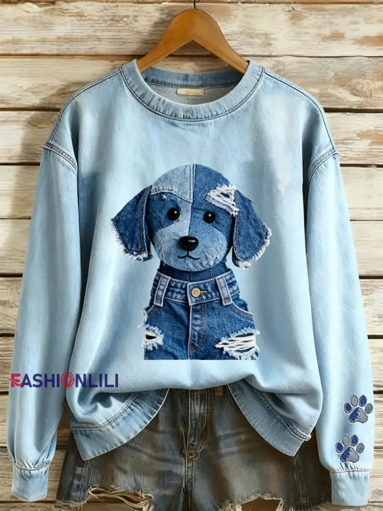 Women’s Animal Cowboy Patchwork Printed Round Neck Long Sleeved Sweatshirt Blue / S