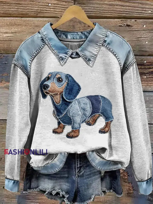 Women’s Animal Print Patchwork Lapel Long Sleeved Sweatshirt Gray / S