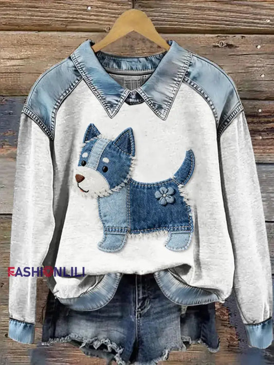 Women’s Animal Print Patchwork Lapel Long Sleeved Sweatshirt Gray / S