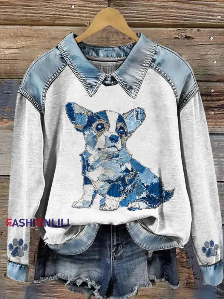 Women’s Animal Print Patchwork Lapel Long Sleeved Sweatshirt Gray / S