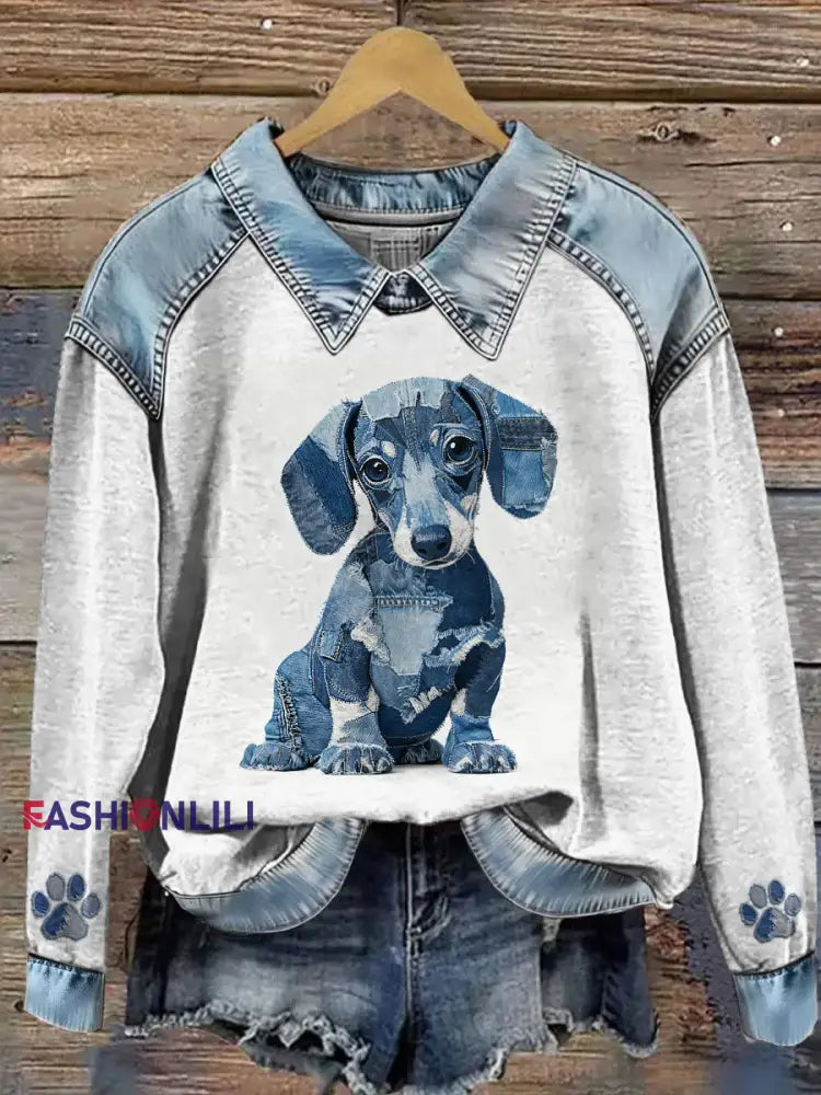 Women’s Animal Print Patchwork Lapel Long Sleeved Sweatshirt Gray / S