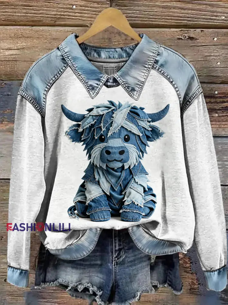 Women’s Animal Print Patchwork Lapel Long Sleeved Sweatshirt Gray / S