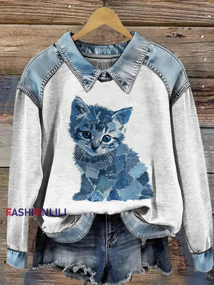 Women’s Animal Print Patchwork Lapel Long Sleeved Sweatshirt Gray / S