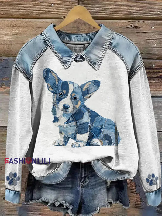 Women’s Animal Print Patchwork Lapel Long Sleeved Sweatshirt Gray / S