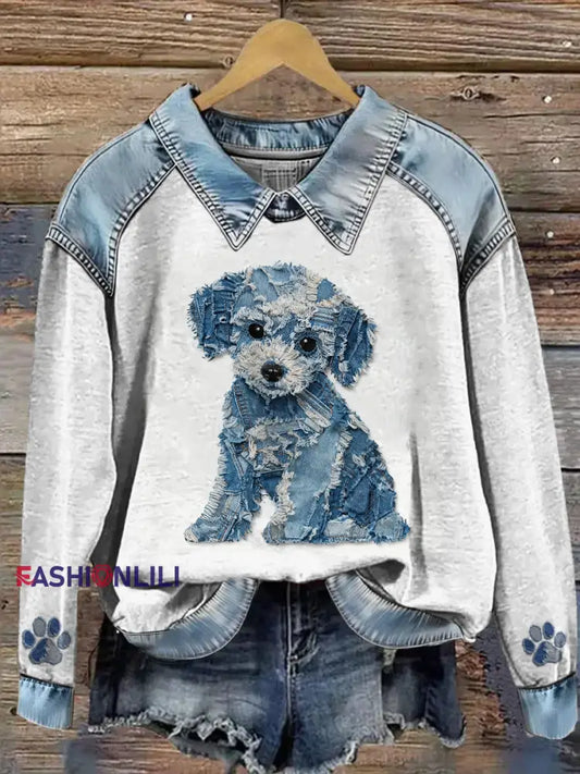 Women’s Animal Print Patchwork Lapel Long Sleeved Sweatshirt Gray / S