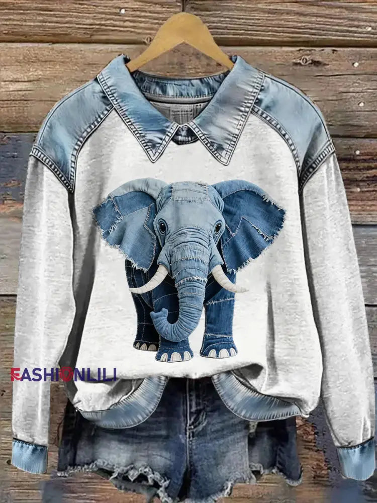Women’s Animal Print Patchwork Lapel Long Sleeved Sweatshirt Gray / S