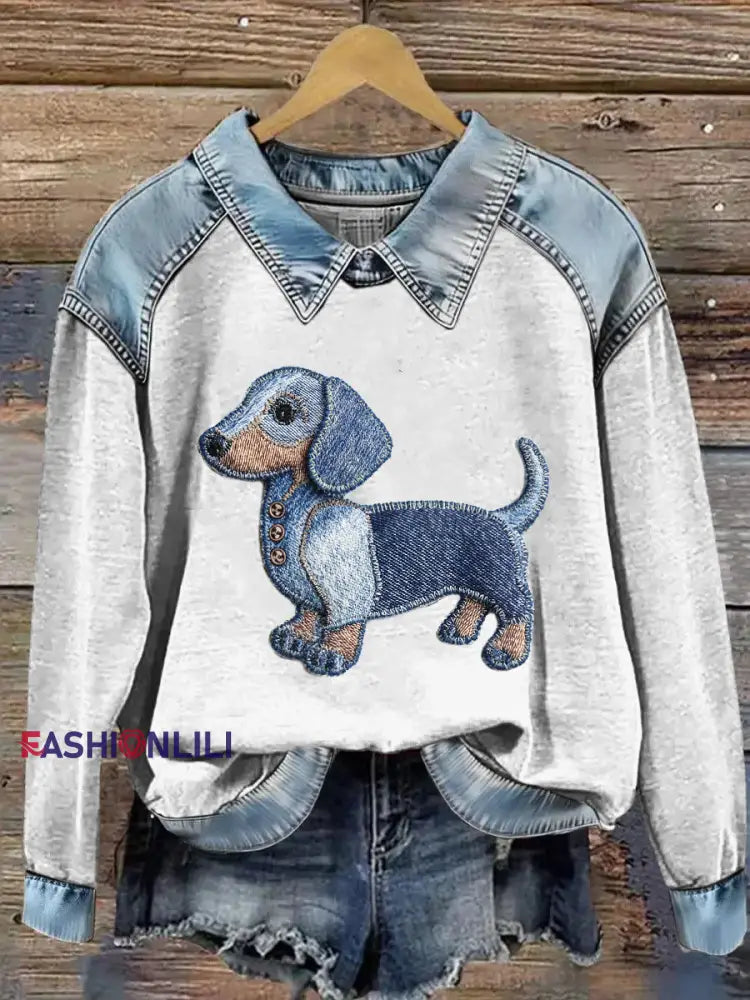 Women’s Animal Print Patchwork Lapel Long Sleeved Sweatshirt Light Blue / S