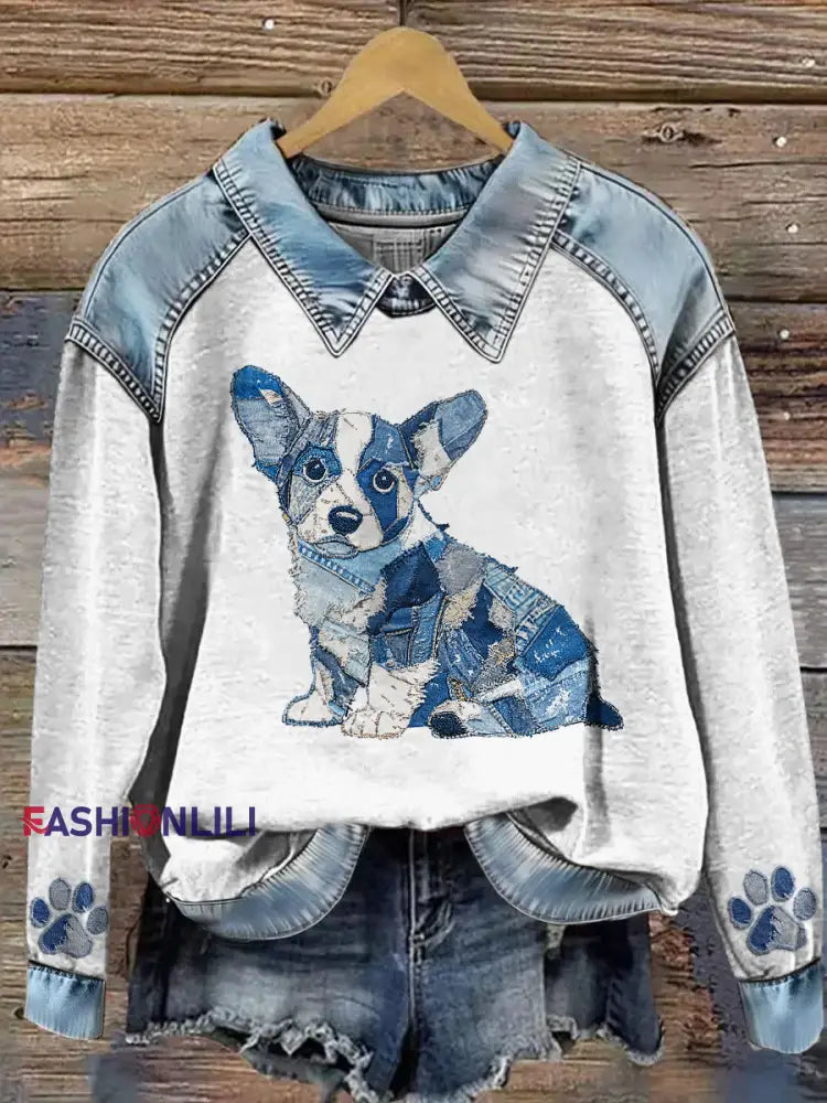 Women’s Animal Print Patchwork Lapel Long Sleeved Sweatshirt Light Blue / S