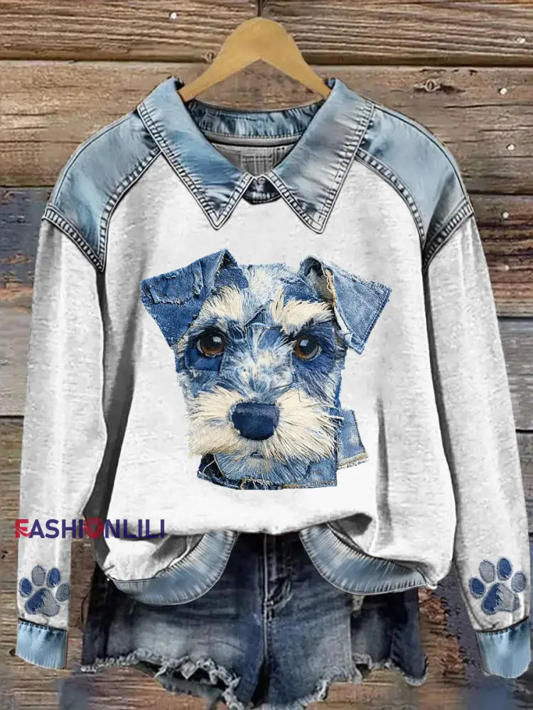 Women’s Animal Print Patchwork Lapel Long Sleeved Sweatshirt Light Blue / S