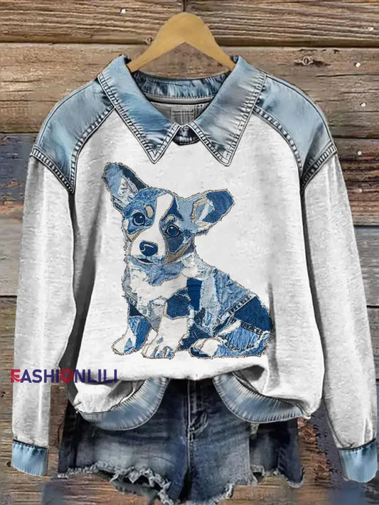 Women’s Animal Print Patchwork Lapel Long Sleeved Sweatshirt Light Blue / S