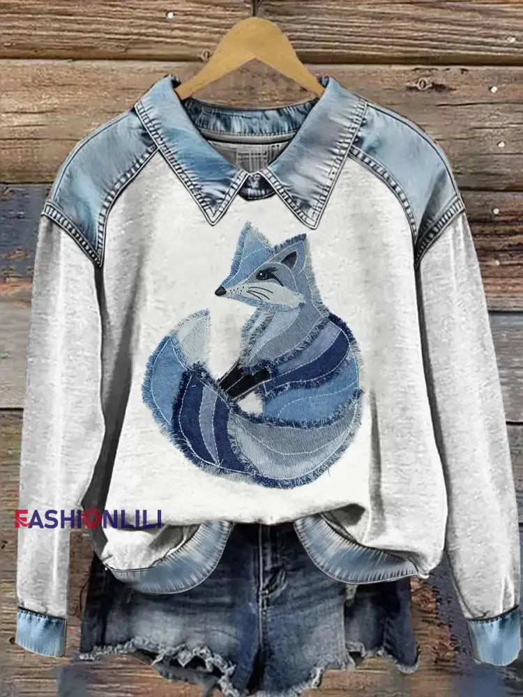 Women’s Animal Print Patchwork Lapel Long Sleeved Sweatshirt Light Blue / S