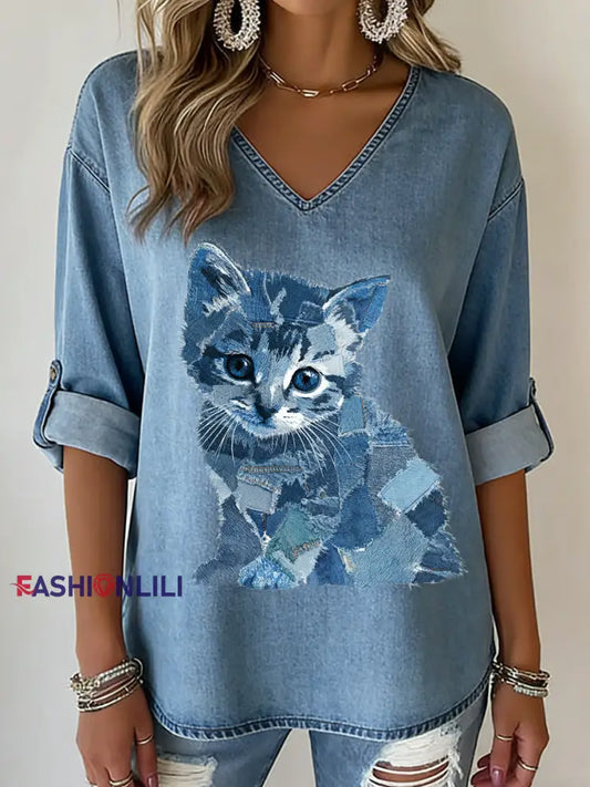 Women’s Animal Print V-Neck Mid-Sleeve printed Casual T-shirt Blue / S