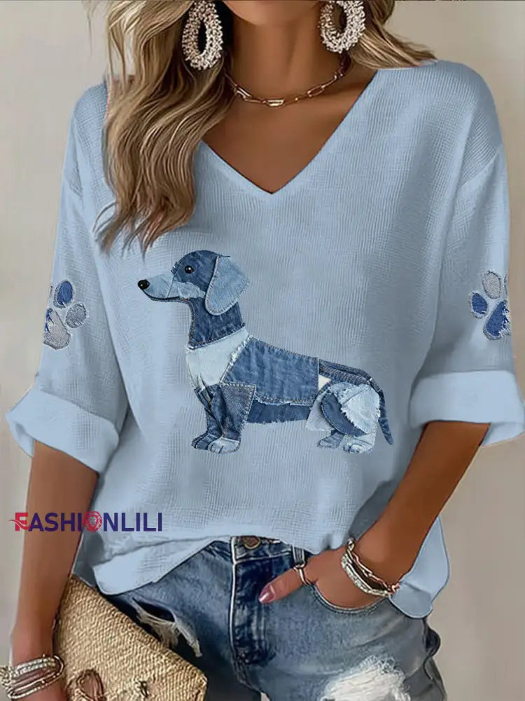 Women’s Animal Print V-Neck Mid-Sleeve printed Casual T-shirt Blue / S