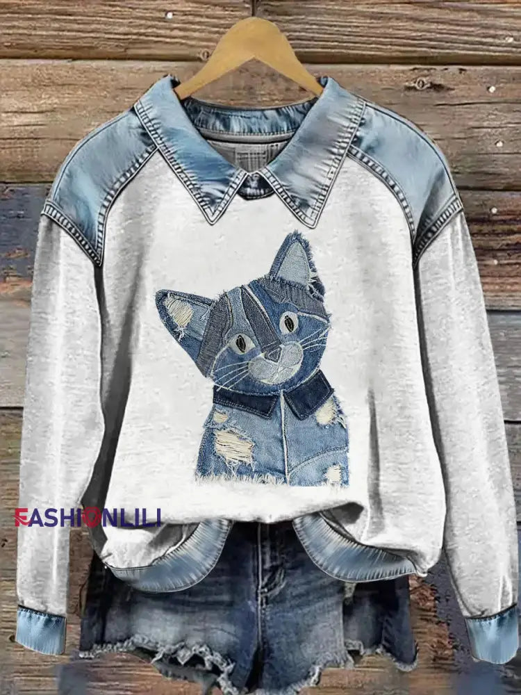 Women’s Animal Printed Denim Patchwork Lapel Long Sleeved Sweatshirt Gray / S