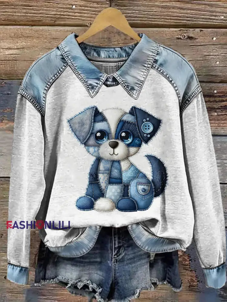 Women’s Animal Printed Denim Patchwork Lapel Long Sleeved Sweatshirt Gray / S
