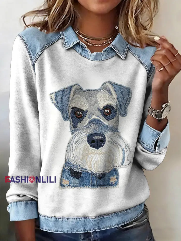 Women’s Animal Printed Denim Patchwork Lapel Long Sleeved Sweatshirt White / S