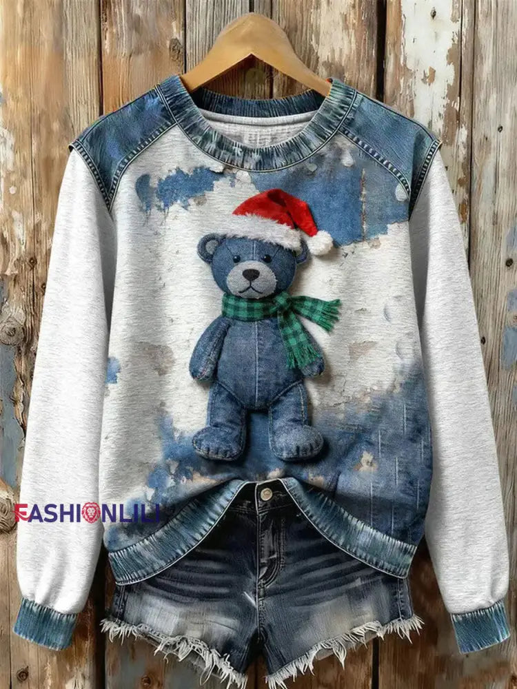 Women’s Art Bear Denim Patchwork Sweatshirt As picture / S