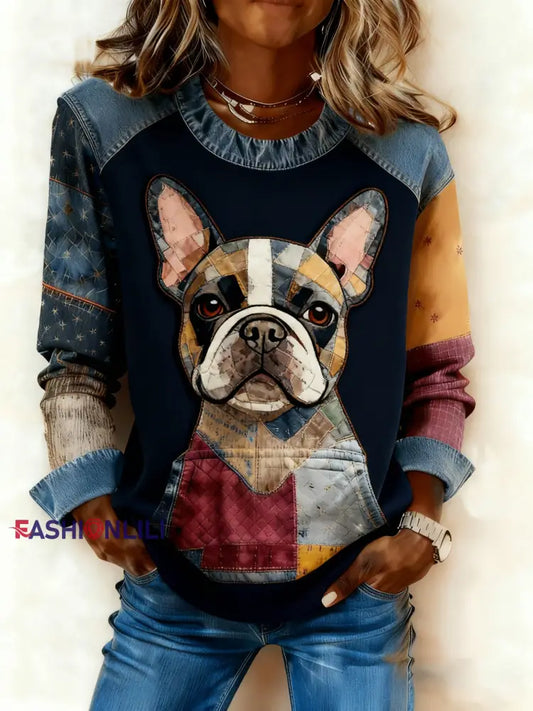 Women’s Art Dog Denim Patchwork Sweatshirt As picture / S