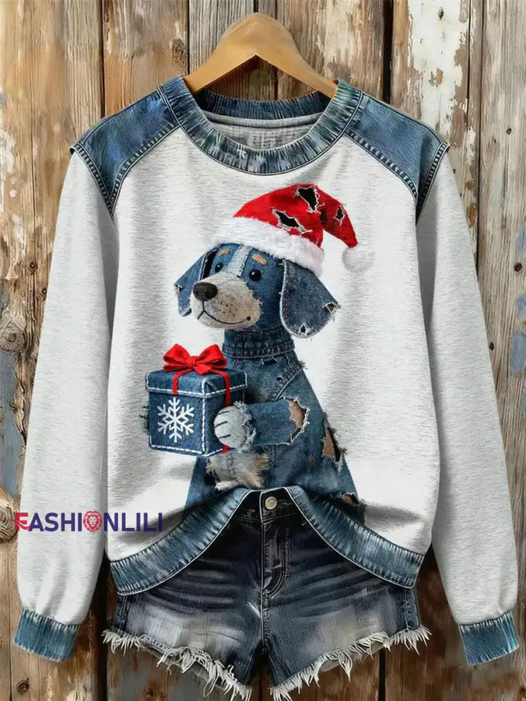 Women’s Art Dog Denim Patchwork Sweatshirt As picture / S