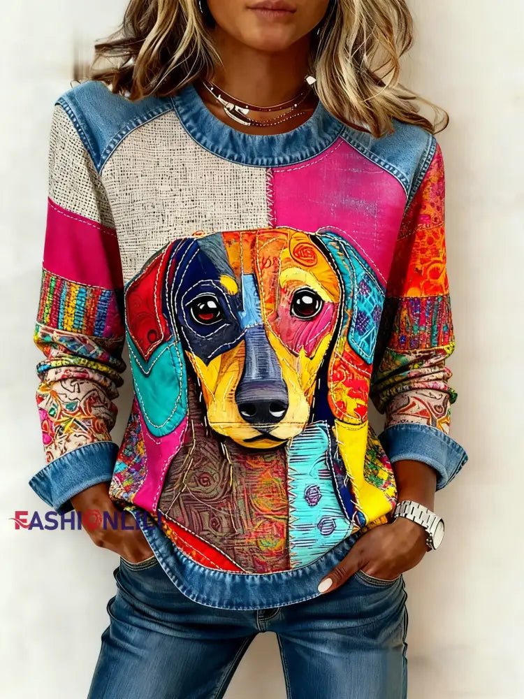 Women’s Art Dog Denim Patchwork Sweatshirt As picture / S