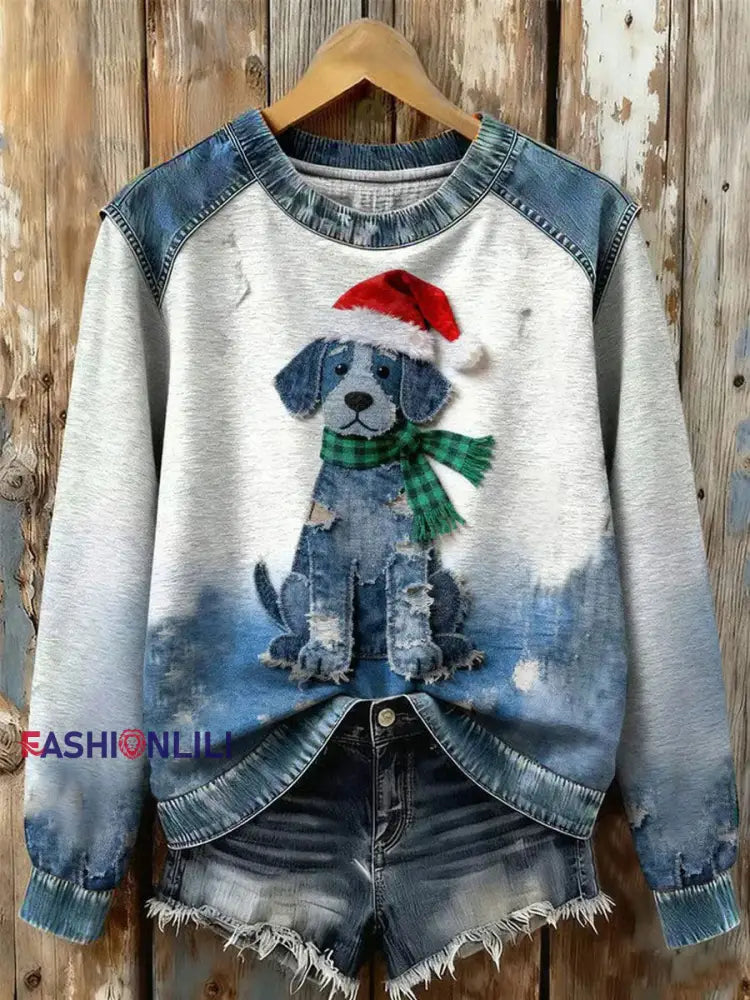 Women’s Art Dog Denim Patchwork Sweatshirt As picture / S