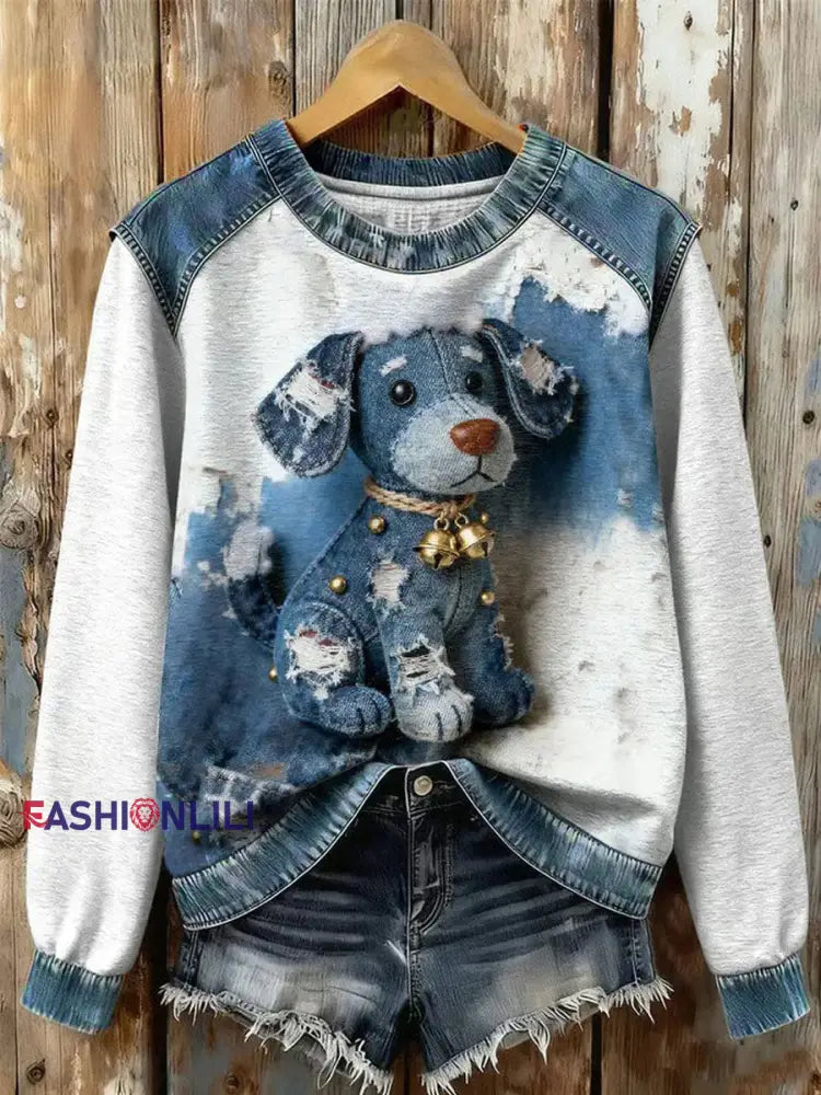 Women’s Art Dog Denim Patchwork Sweatshirt As picture / S