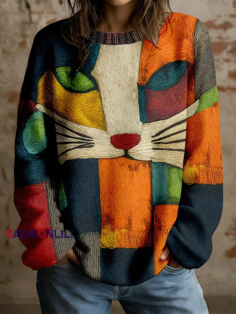 Women’s Art Geometric Cat Print Tops As picture / S