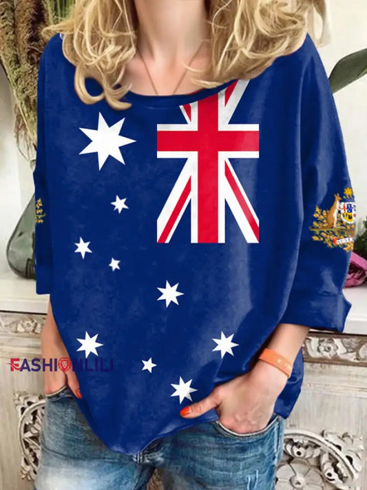 Women’s Australia Fiag Badge print on both sleeves loose-fitting shirt Navy Blue / S