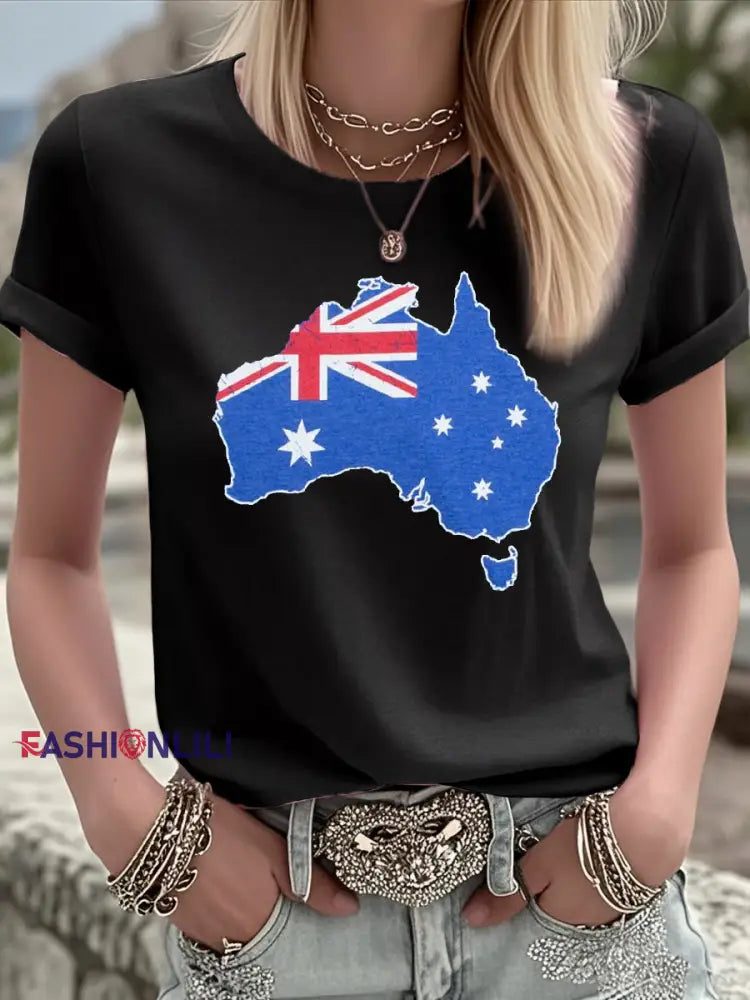 Women’s Australian Flag Map Print Casual Tee Black / S