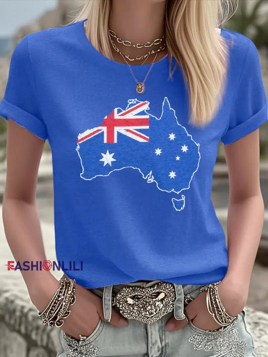Women’s Australian Flag Map Print Casual Tee Blue / S
