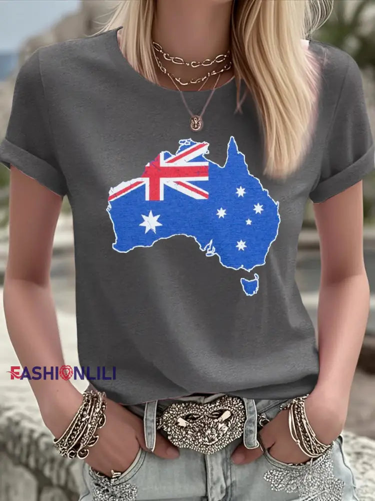 Women’s Australian Flag Map Print Casual Tee Dark Gray / S