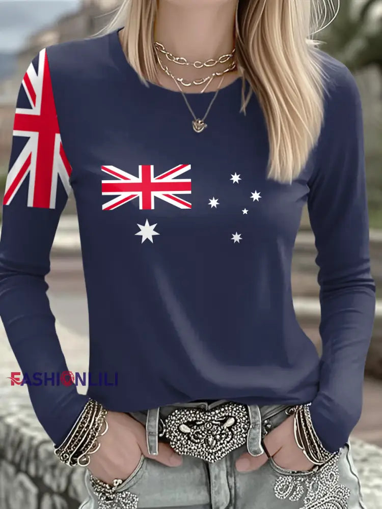 Women’s Australian Flag Print Casual Casual Long Sleeve Shirt Navy Blue / S