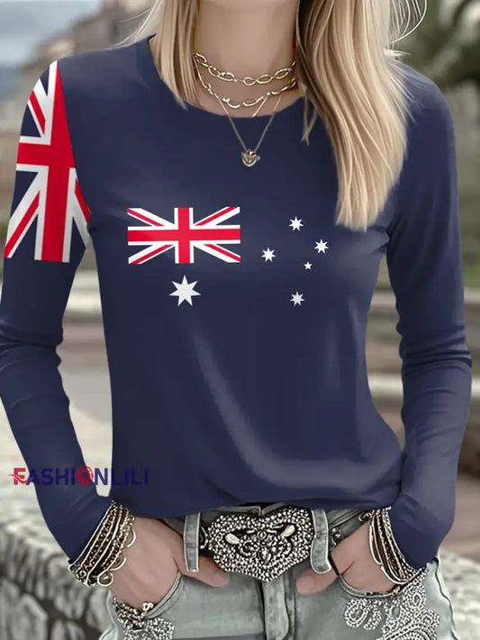 Women’s Australian Flag Print Casual Casual Long Sleeve Shirt Navy Blue / S