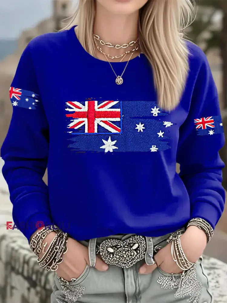 Women’s Australian Flag Print Casual Long Sleeve Sweatshirt Blue / S