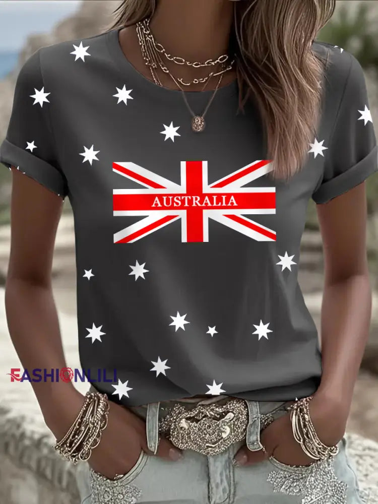 Women’s Australian Flag Print Casual Tee Dark Gray / S